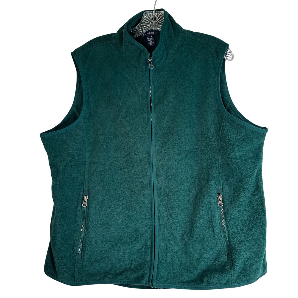 Lands' End Mens Large Forest Green Full Zip Fleece Vest RN 62830 Mock Neck